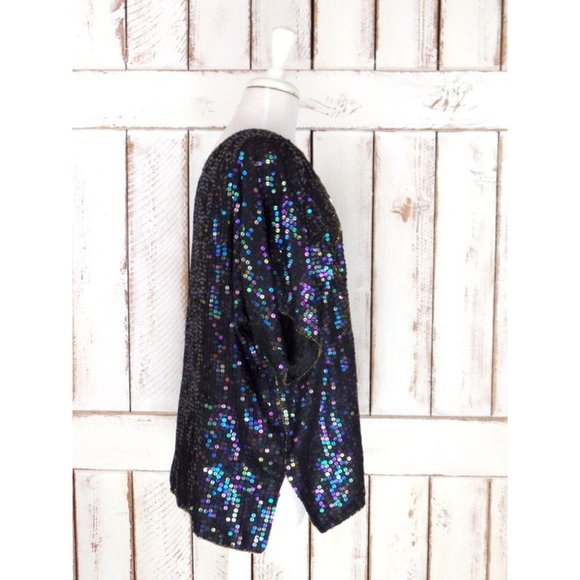 Vintage silk black white silver beaded sequins floral top - Picture 2 of 4